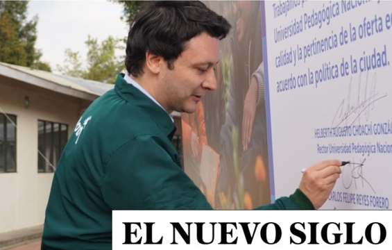 Fotografía del convenio Renobo en las instalaciones de Valmaría; adicionalmente el logo del medio periodístico El Nuevo Siglo.