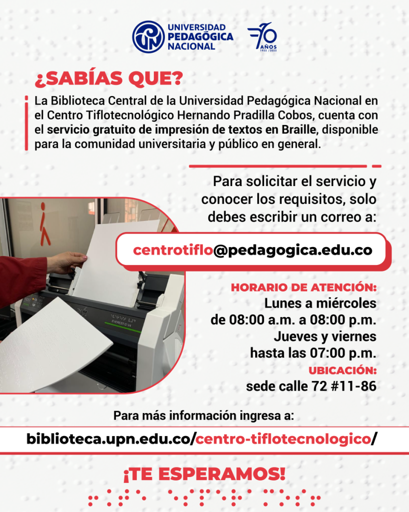 Pieza grafica informativa sobre el servicio de impresión de textos en Braille en el Centro Tiflotecnológico.