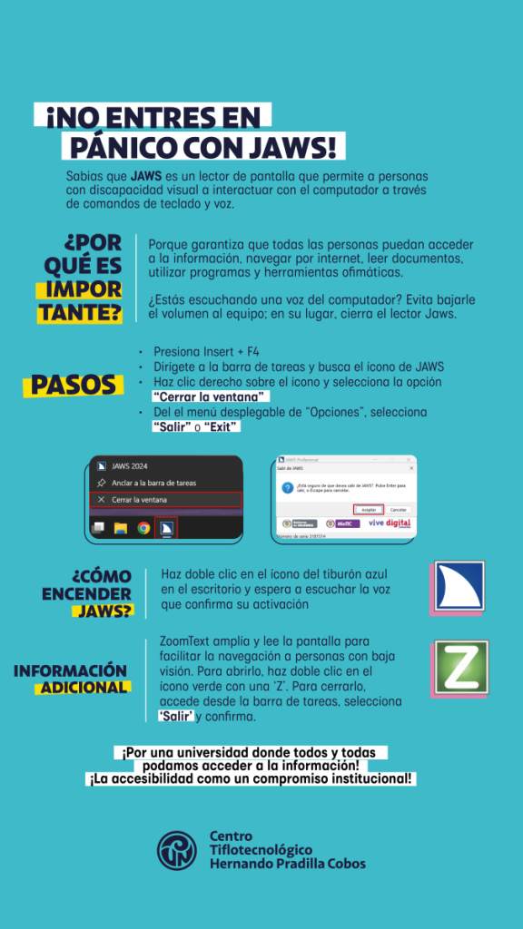 Infografía sobre la importancia y el uso básico del JAWS y ZoomText